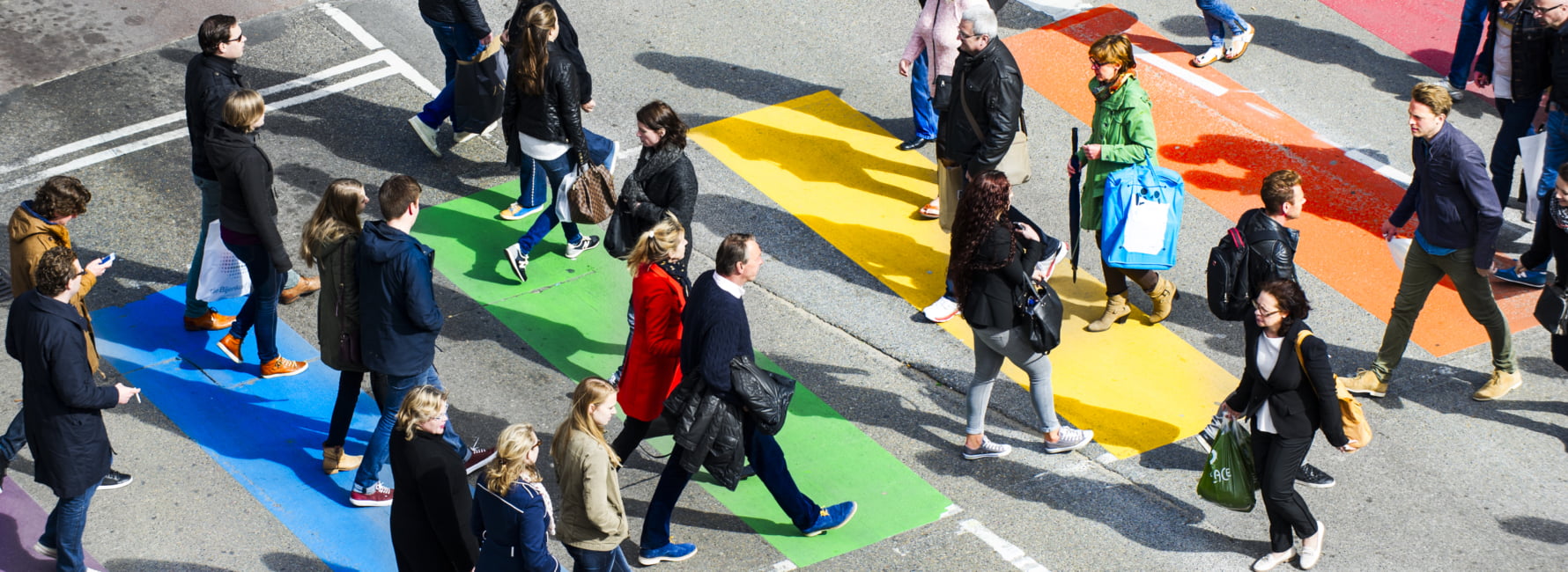 Het zebrapad in regenboogkleuren in de Lange Viestraat.