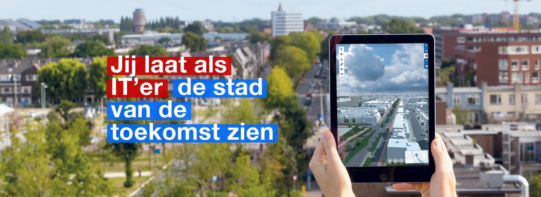 Op tablet is de stad Utrecht in 3D tekening zichtbaar