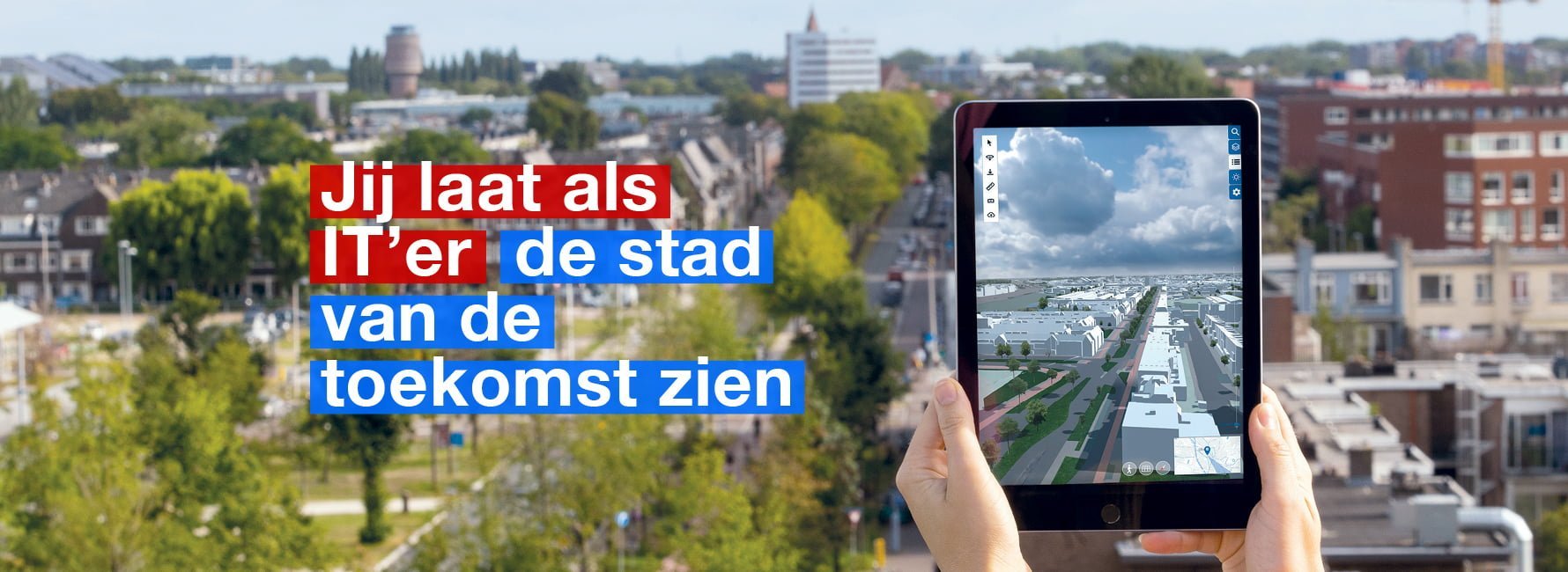 Op tablet is de stad Utrecht in 3D tekening zichtbaar