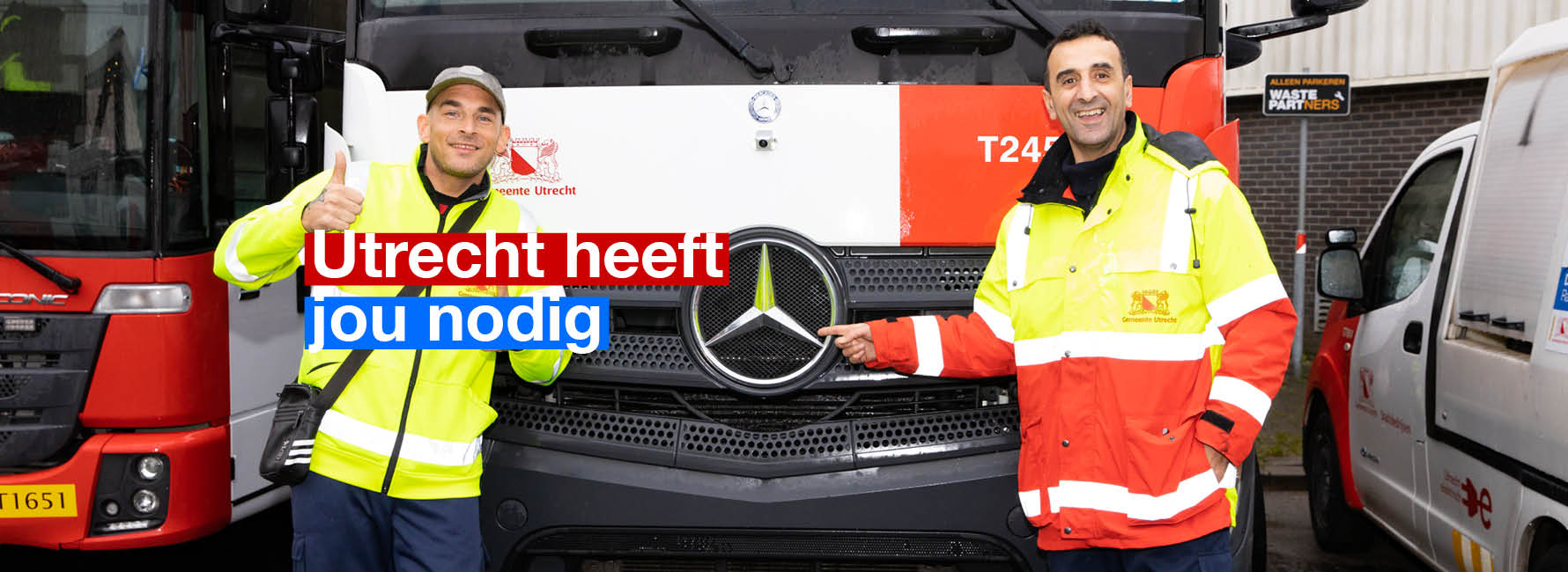 Twee mannen staan bij een vrachtwagen. In beeld staat de tekst Utrecht heeft jou nodig.