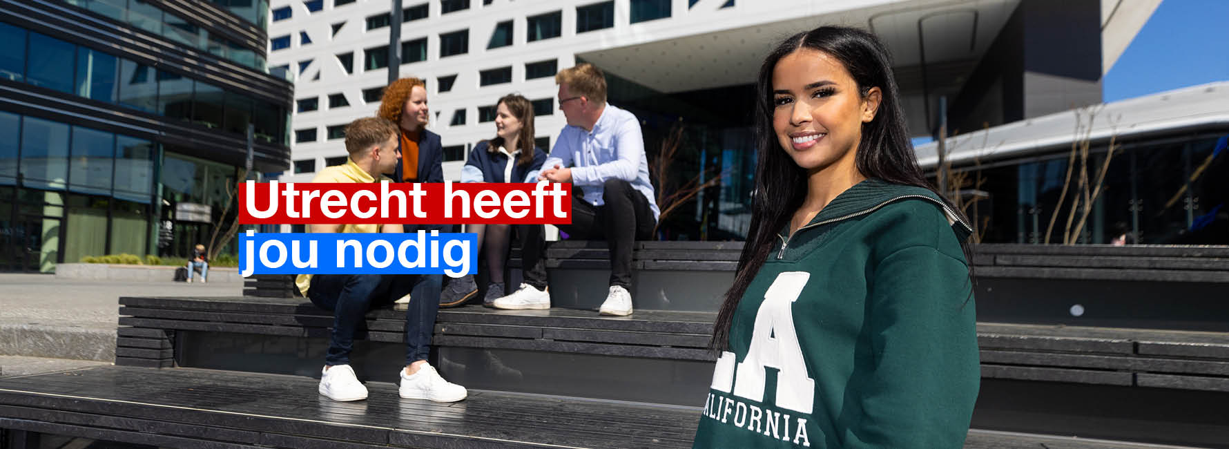 Stagiairs voor het stadskantoor. In beeld staat de tekst Utrecht heeft jou nodig.
